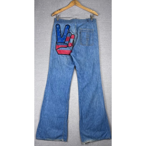 Levi's Fresh Produce Denim - Vintage Levis Fresh Produce Wide Leg Flare Jeans Peace Sign Graphic Blue 30x33